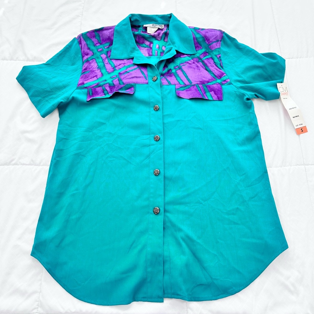 VINTAGE Teal and Purple Women's Button-Up Shirt
